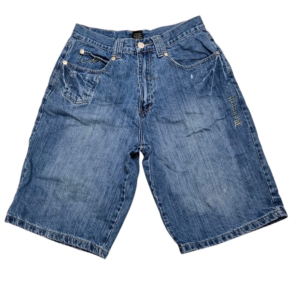 Vtg Y2K Makaveli Baggy Long Denim Shorts Hip Hop Rap Streetwear Tupac 32x14